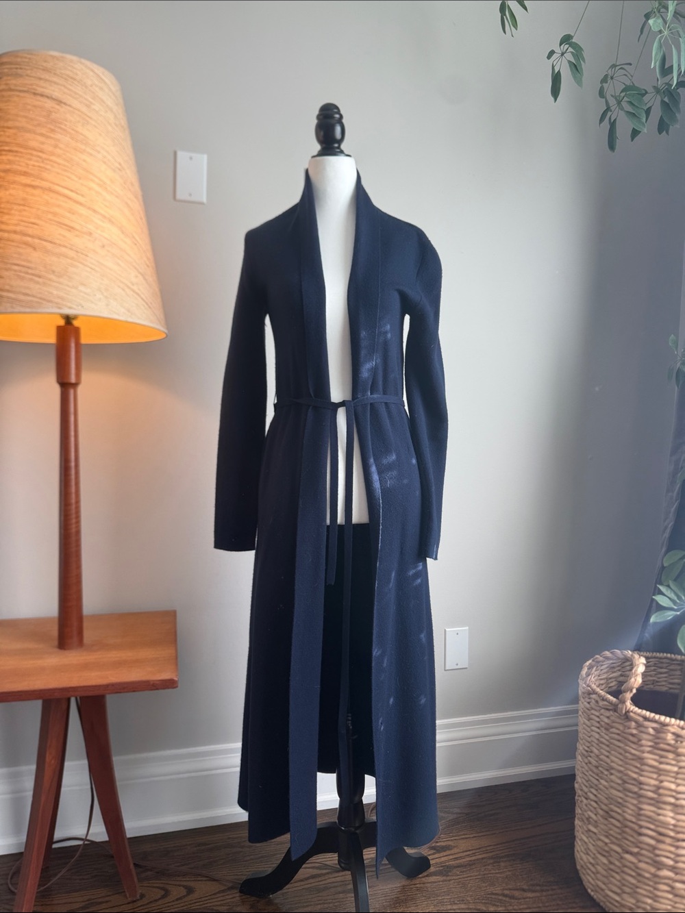 Babaton-Aritzia Long Navy Open-Front Knit Coatigan with Tie